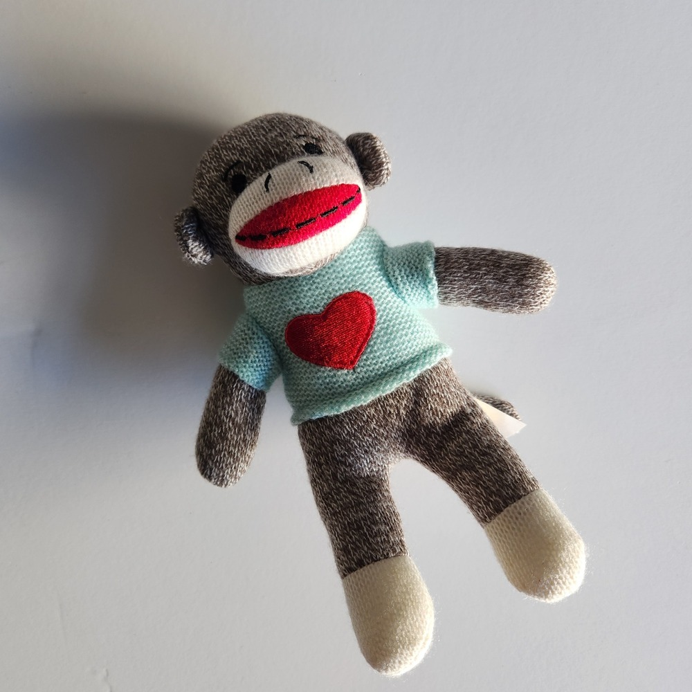 Dan‎ Dee Sock Monkey Plush Teal Heart Sweater Brown Knit Stuffed Animal 8.5 inch
